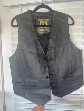 Authentic Adler Black Leather Vest Size Medium Western Biker Moto Button Front